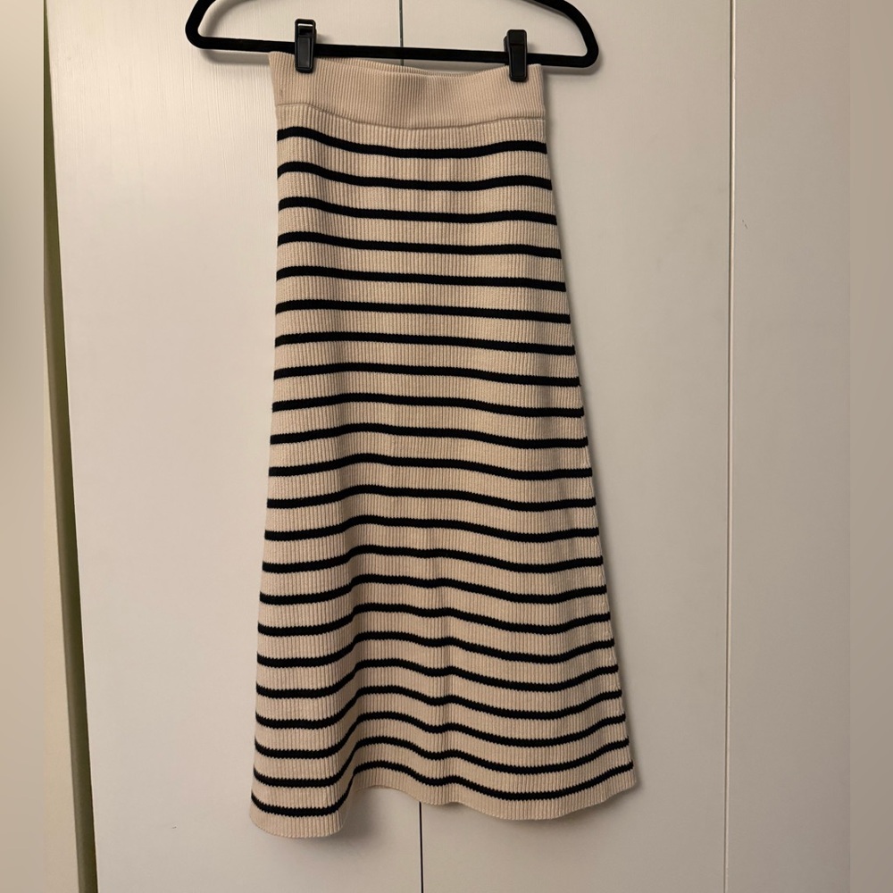Sezane Cream and Navy Naelle Striped Knit Midi Skirt